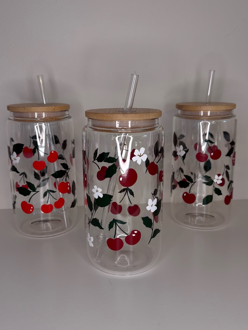 New custom Glass Cherry Drink Jar with Bamboo Lid and Straw - Red (1)